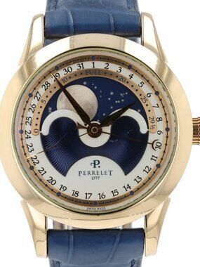 Perrelet Moon Phase Cream & Blue Dial 18k Yellow Gold 40mm Automatic Watch